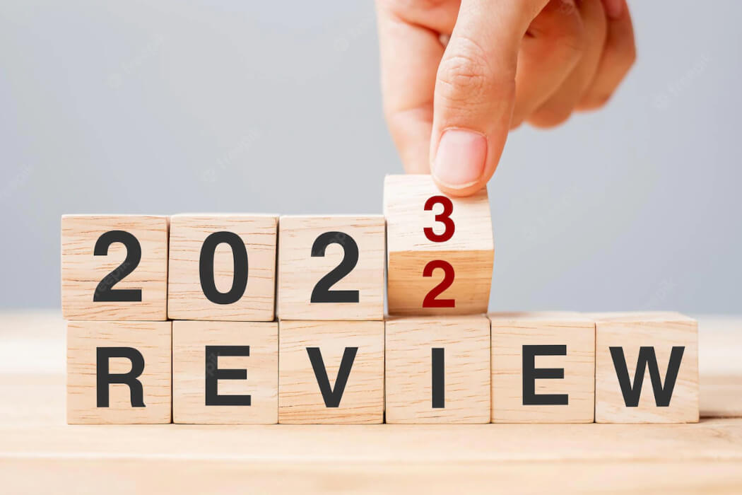 Blocks that say 2022 Review, and flipping to 2023.